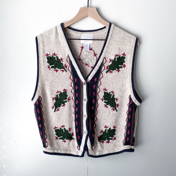 Vintage Hand Embroidered Leaf Fall Print Ramie Cotton Knit Sweater Vest XL - Picture 1 of 7